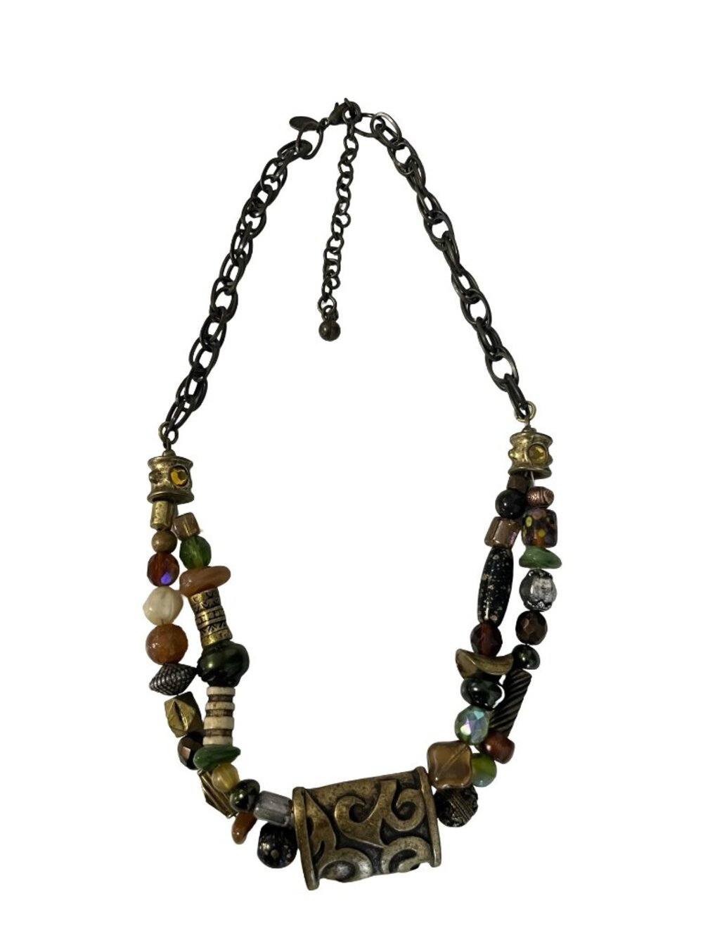 Chico’s Chunky Beaded Statement Necklace Mixed Materials Boho Earth Tone 16”